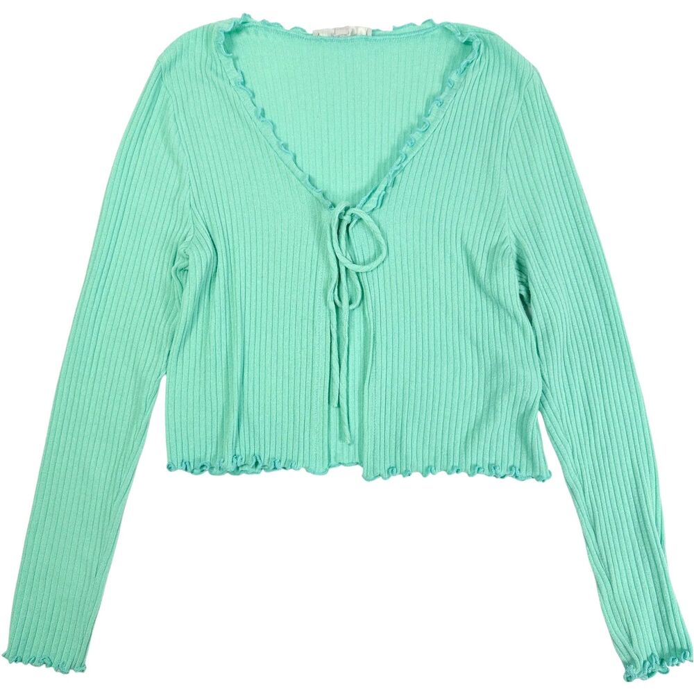 Gaze Women Medium Ribbed Tie Front‎ Mint Green Long Sleeve Fairycore Cottagecore